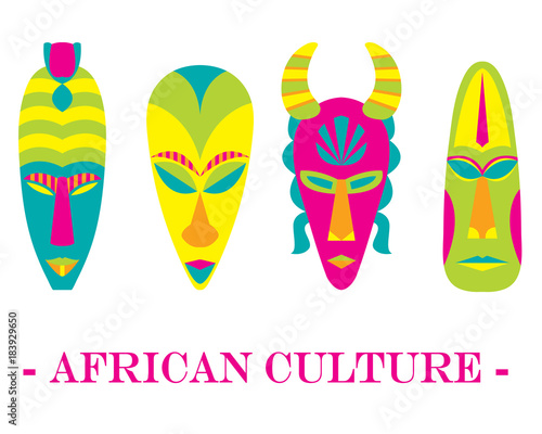 Set of four color traditional African masks on a white background.