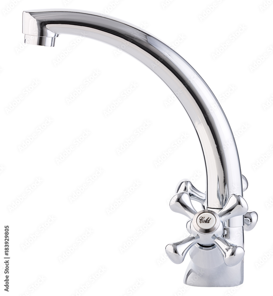 Mixer cold hot water. Modern faucet bathroom. Kitchen tap . Isolated white background. Side view. Mixer cold hot water. Modern faucet bathroom. Kitchen tap . Isolated white background. Side view.