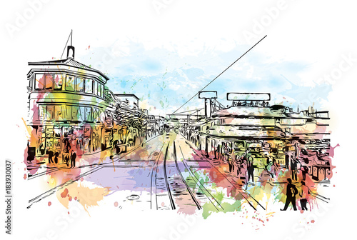 Watercolor splash with sketch of Street view San Francisco, California, USA in vector illustration.