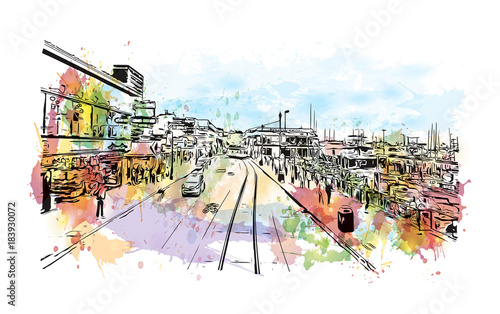 Watercolor splash with sketch of Street view San Francisco, California, USA in vector illustration.
