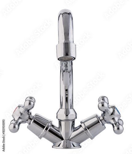 Mixer cold hot water. Modern faucet  bathroom.  Kitchen tap  . Isolated  white background. Front view.