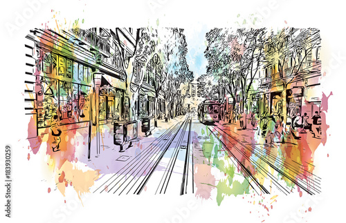 Watercolor splash with sketch of Street view San Francisco, California, USA in vector illustration.