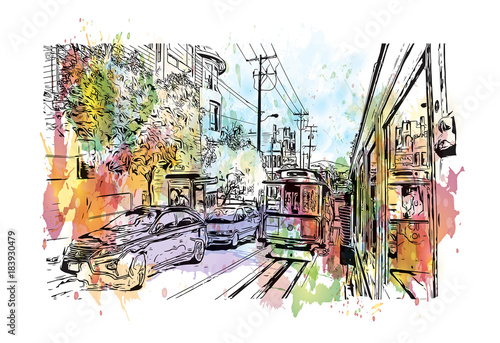 Watercolor splash with sketch of Street view San Francisco, California, USA in vector illustration.