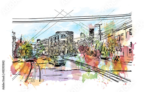 Watercolor splash with sketch of Street view San Francisco, California, USA in vector illustration.