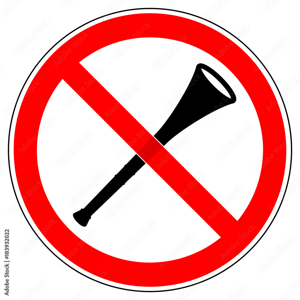 srr296 SignRoundRed - german - Verbotszeichen: Lärmbelästigung verboten /  Vuvuzela / Tröte / Geräusch - english - prohibition sign / noise pollution  prohibited - vuvuzelas / horn / noise - xxl g5701 Stock-Illustration