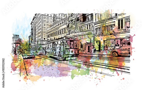 Watercolor splash with sketch of Street view San Francisco, California, USA in vector illustration.