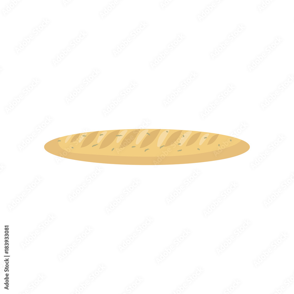 Long loaf of freshly baked white bread, French baguette, flat design. Food icon for menu or bakery store. Flour products and bakery goods. Vector Long loaf of freshly baked white bread, French baguette, flat design. Food icon for menu or bakery store. Flour products and bakery goods. Vector