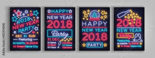 Happy New Year 2018 Set Poster Vector Illustration. Neon signs. Collection brochure design in a neon style style invitation invitation for the New Year party. Postcard, flyer, card, party promotion