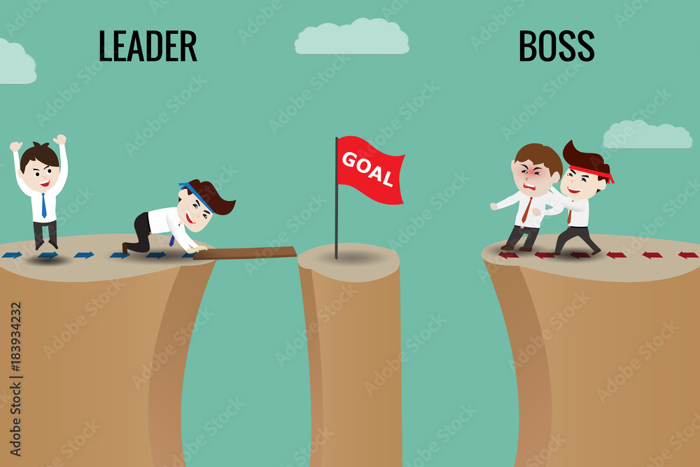 The difference between leader and boss. Flat design vector cartoon ...