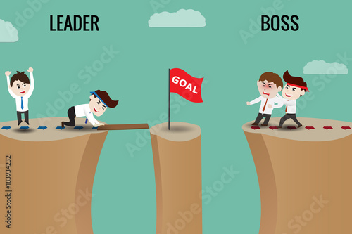 The difference between leader and boss. Flat design vector cartoon illustration