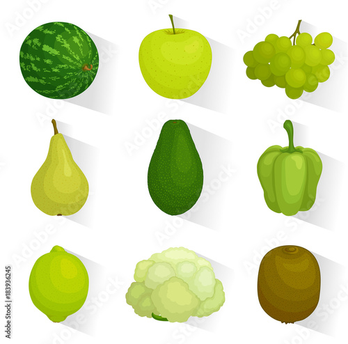 Icons of green vegetables and fruits . Vector illustration. Set of icons for web design.