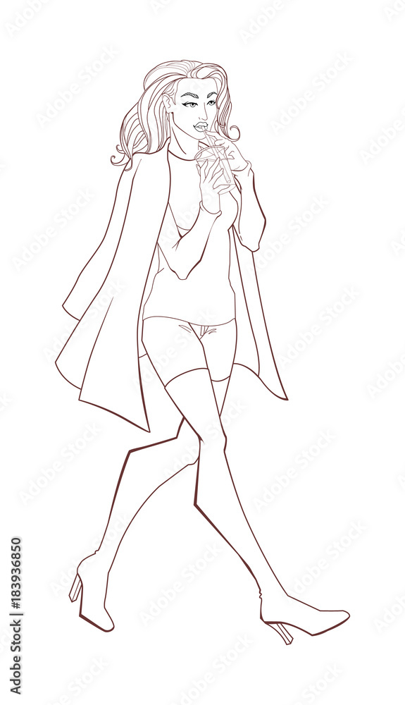 Line art: Girl with cocktail in style fashion. Sketch. Drawing hand. Vector illustration for book coloring. Line art: Girl with cocktail in style fashion. Sketch. Drawing hand. Vector illustration for book coloring.
