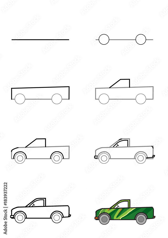 Illustration .. Poster. Step-by-step drawing. A car. Pickup. Instructions  how to draw a machine. Stock Illustration