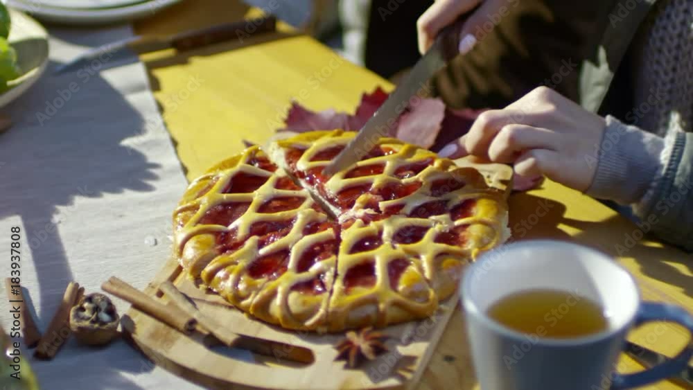 Closeup of joyous woman cutting sweet pie for friends at outdoor holiday dinner Closeup of joyous woman cutting sweet pie for friends at outdoor holiday dinner