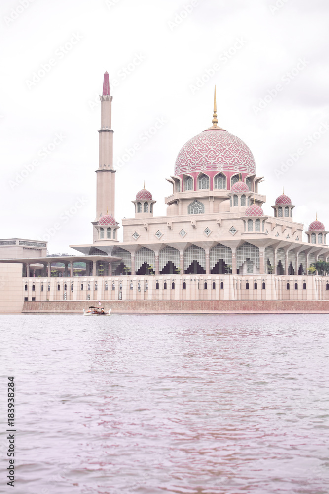 Pink mosque near water/lake. Putra, Putrajaya mosque.