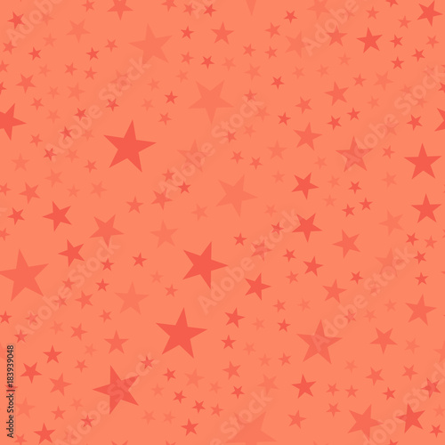 Red stars seamless pattern on coral background. Neat endless random scattered red stars festive pattern. Modern creative chaotic decor. Vector abstract illustration.