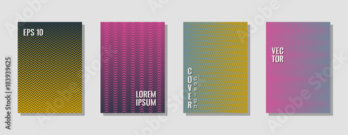 Geometric zig zag lines gradient texture curves background for music cover. Wavy stripes and zig zag vector halftone lines texture posters set in pink, blue, gold colors.