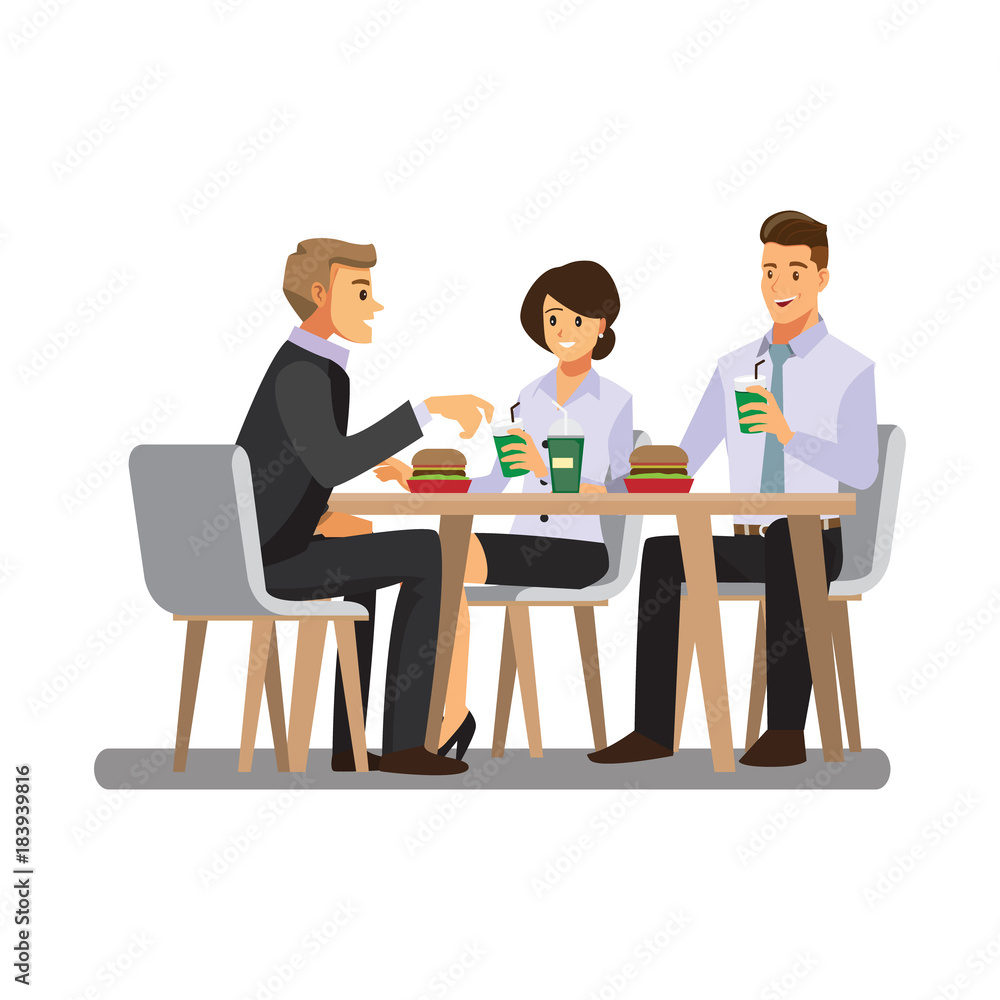 three cheerful friends chatting while lunch in restaurant , vector three cheerful friends chatting while lunch in restaurant , vector