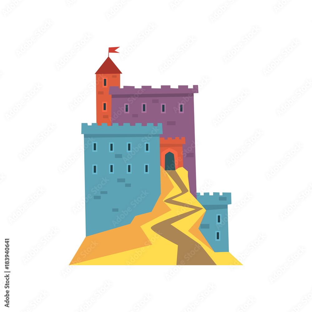 Colorful ancient fortress. Red heraldic flag on tower. Cartoon castle architecture. Historical building. Flat vector design for landmark icon or mobile app
