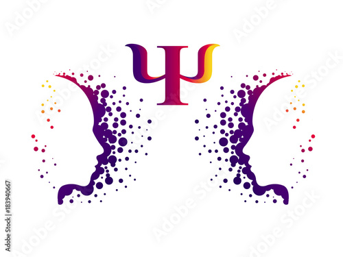 Modern head Logo sign of Psychology. Profile Human. Letter Psi. Creative style. Symbol in vector. Design concept. Brand company. Violet color isolated on white background. Icon for web, logotype.