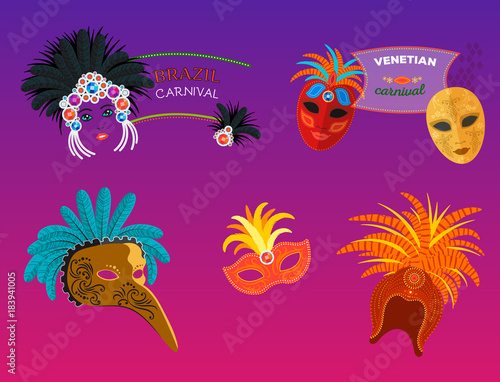 Carnival Italy and Brazil masks celebration festive carnaval masquerade background festival vector illustration.