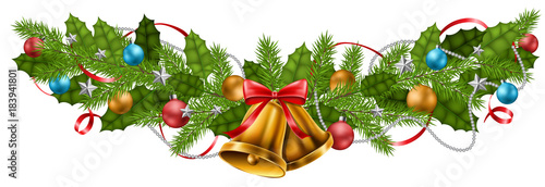 Christmas garland decoration with ball, star, ribbon and bell, green pine branch and holly leaf. Realistic  vector illustration, isolated on white for holiday design.
