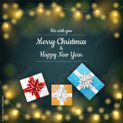 Christmas gift collection from top view, with light string. Vector illustration for holiday and celebration design