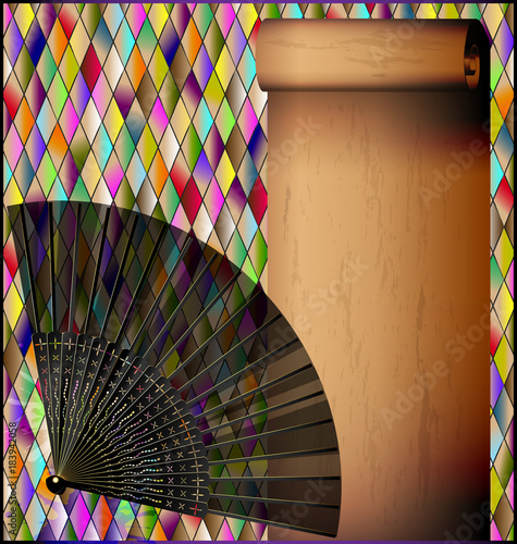 romb background with old paper and fan