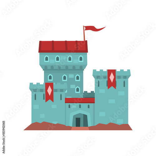 Cartoon blue castle with red heraldic flags on conical turret. Medieval royal building. Flat vector design for children s book cover, invitation card, web, mobile game