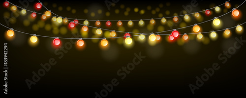 Light string banner in dark with bokeh and glow. Vector illustration for Christmas or other celebration horizontal banner design