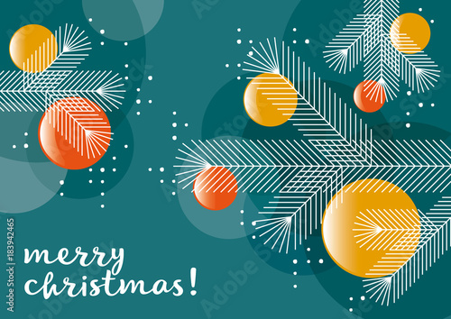 Weihnachtsbaum mit Kugeln, Grafik, Weihnachtsgruß, geometrische Formen, englisch
