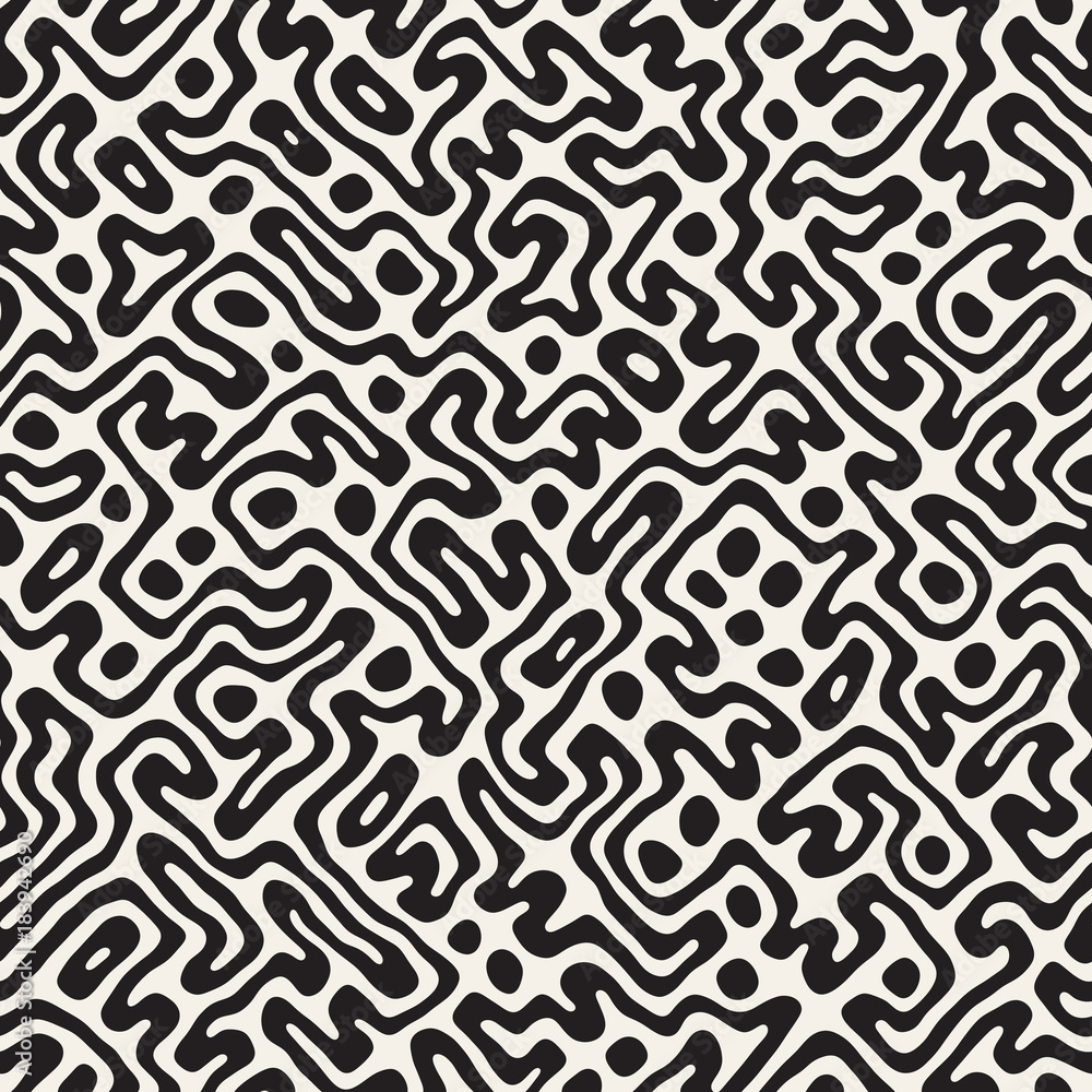 Vector Seamless Black And White Rounded Irregular Maze Pattern. Abstract Hand Drawn Background