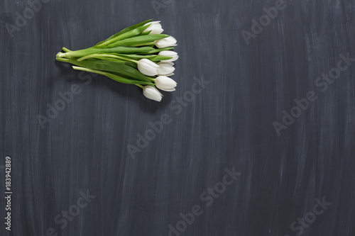 Few tulips flowers on dark chalcboard surface. Bouquet on a blur abstract background with copy space.