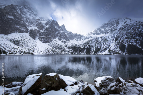 Beautiful winter at Eye of the Sea lake in in Tatra mountains, Poland