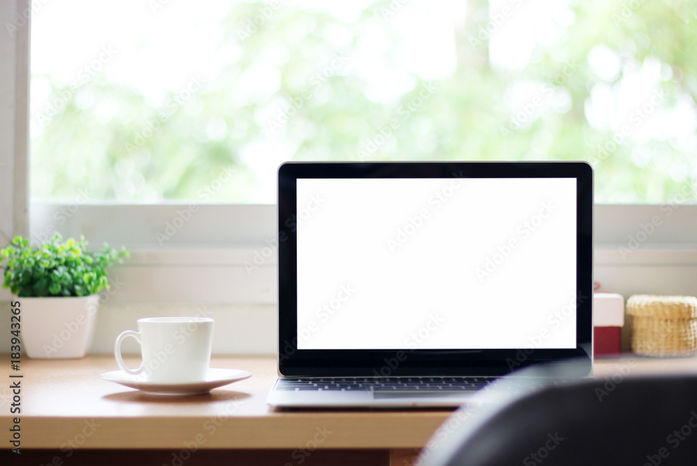 blank screen laptop on the desk at home office blank screen laptop on the desk at home office