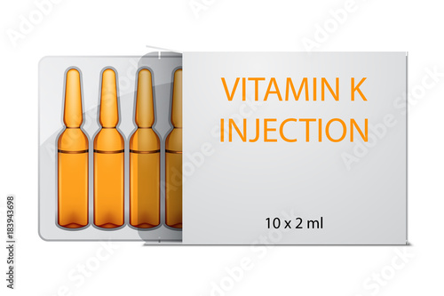 Vitamin K injection ampoules in package, isolated on white