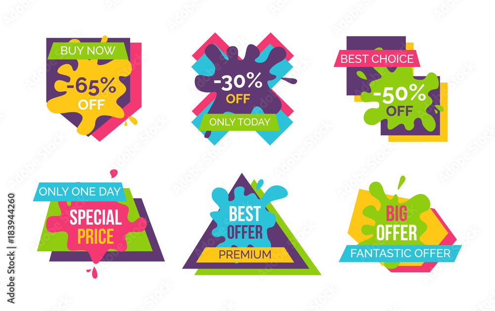 Buy Now, Best Choice Stickers Vector Illustration