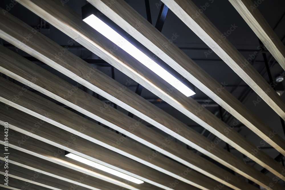 Naklejka premium Wood ceiling with fluorescent light