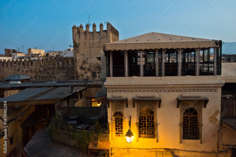 Architectural detail at blue hour, medina of Fez, Morrocco, Africa