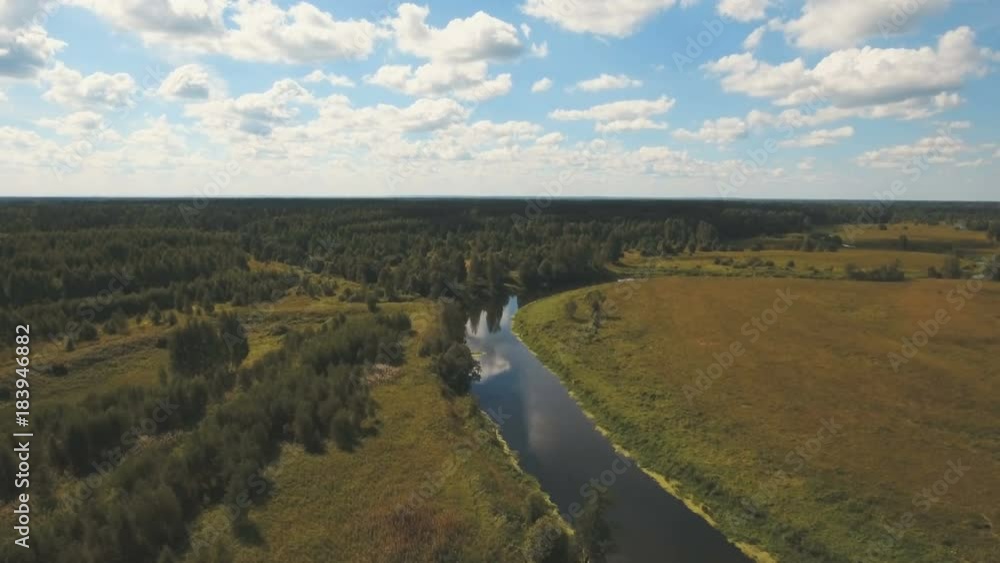 Landscape with river, forest, clouds, blue sky.Aerial view of the water surface of the river.Aerial video.4K,UHD Aerial Rural landscape. Landscape with river, forest, clouds, blue sky.Aerial view of the water surface of the river.Aerial video.4K,UHD Aerial Rural landscape.