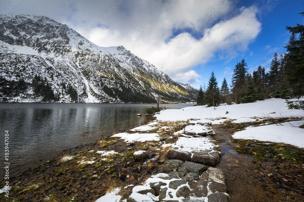 Beautiful winter at Eye of the Sea lake in Tatra mountains, Poland