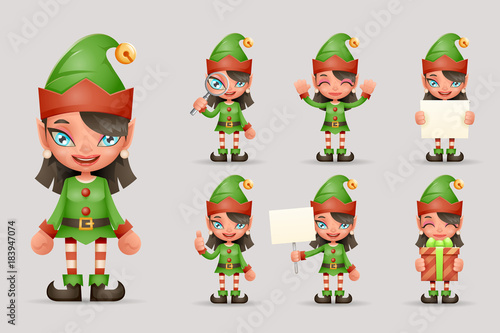 Girl Cute Elf Christmas Santa Teen Icons New Year Holiday 3d Cartoon Characters Realistic Icons Set Design Vector Illustration
