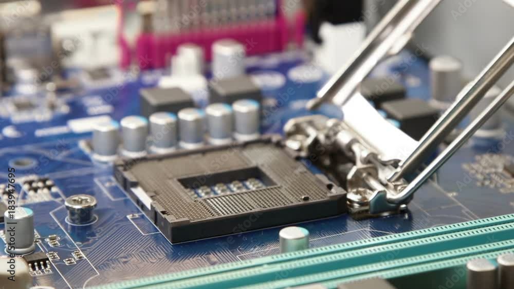 Installing of the central processor in a motherboard socket.
Installing of the central processor in a motherboard socket.
