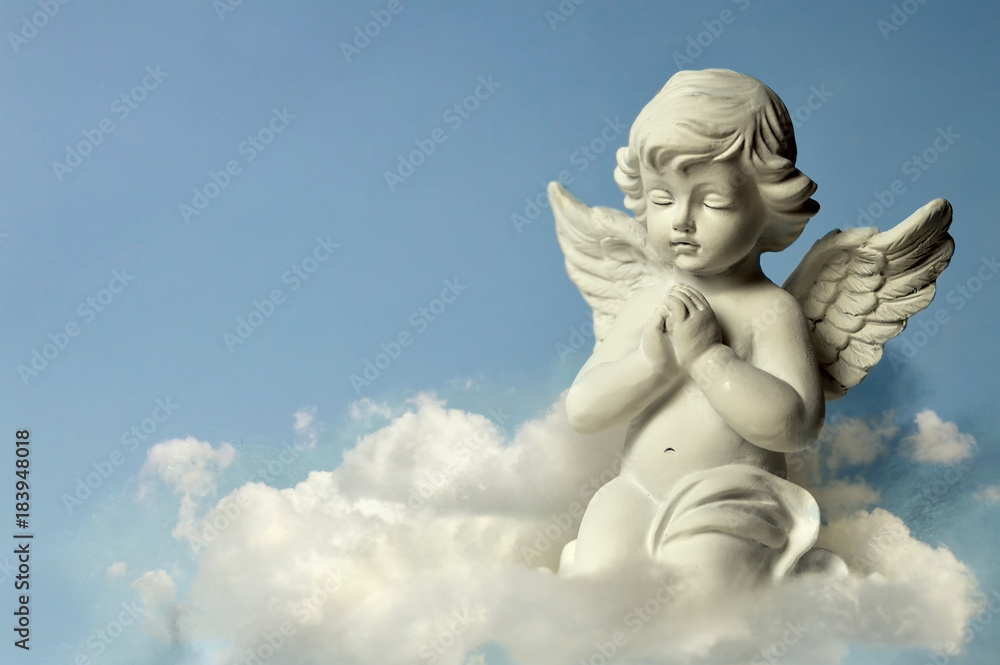 Angel guardian on the cloud. Sympathy card with copy space.