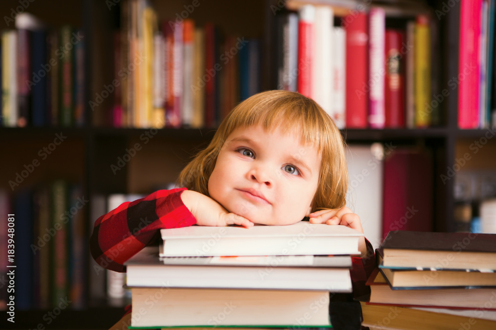 little girl with books near a bookcase. preschooler little girl reading a book in the library
little girl with books near a bookcase. preschooler little girl reading a book in the library