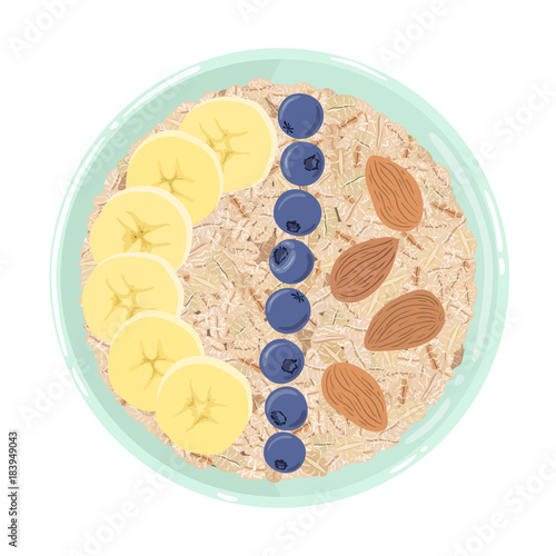 Oat flakes in a bowl with banana, blueberries and almonds, top view. Healthy natural breakfast. Portion of oats with fruits and nuts in a bowl isolated over white. Vector hand drawn illustration.