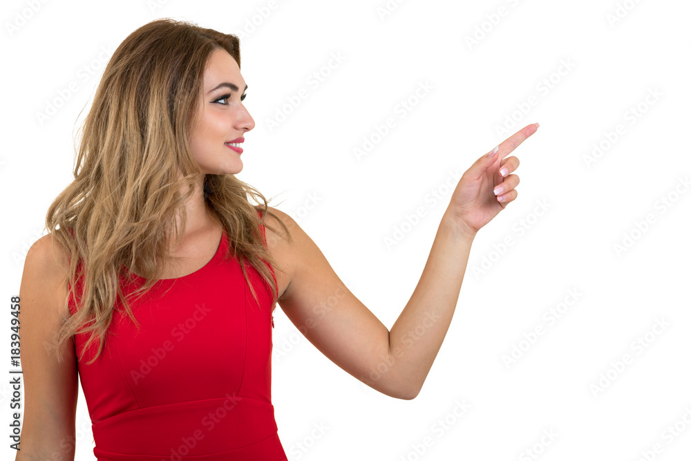 Woman pointing at sign. Young beautiful sexy woman showing copy space on empty blank sign or gift card. Woman pointing at sign. Young beautiful sexy woman showing copy space on empty blank sign or gift card.