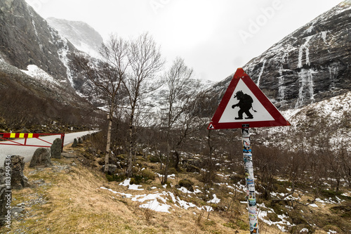 Funny troll warning sign at the road to Trollstigen, Norway