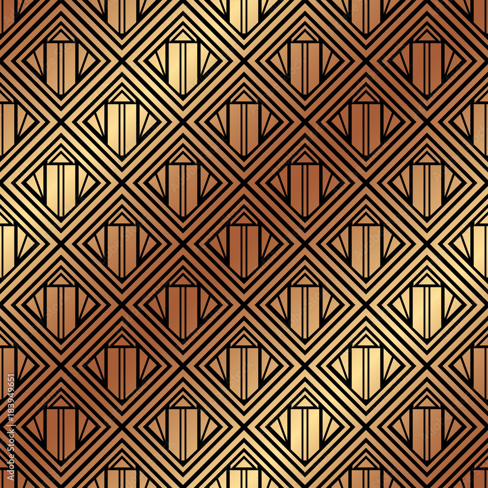 Seamless art-deco ornamental pattern with golden gradient. Template for design. Vector illustration