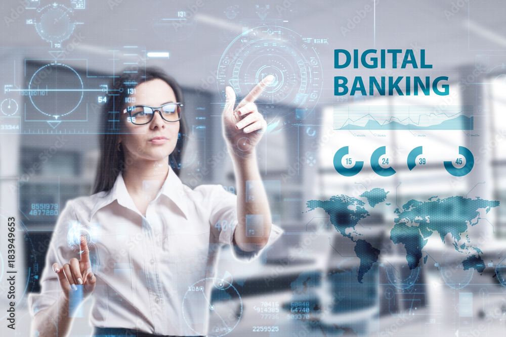 The concept of business, technology, the Internet and the network. A young entrepreneur working on a virtual screen of the future and sees the inscription: Digital banking